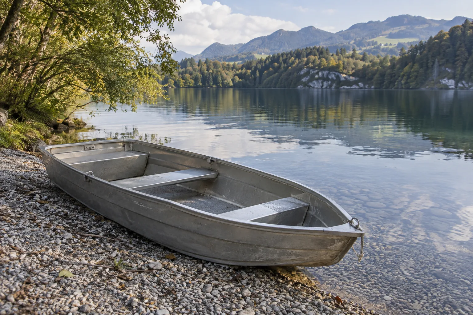 Gebrauchtes Aluminium-Ruderboot mit Gebrauchsspuren am Rumpf, auf einem Kiesufer liegend, dahinter ein ruhiger Voralpensee.