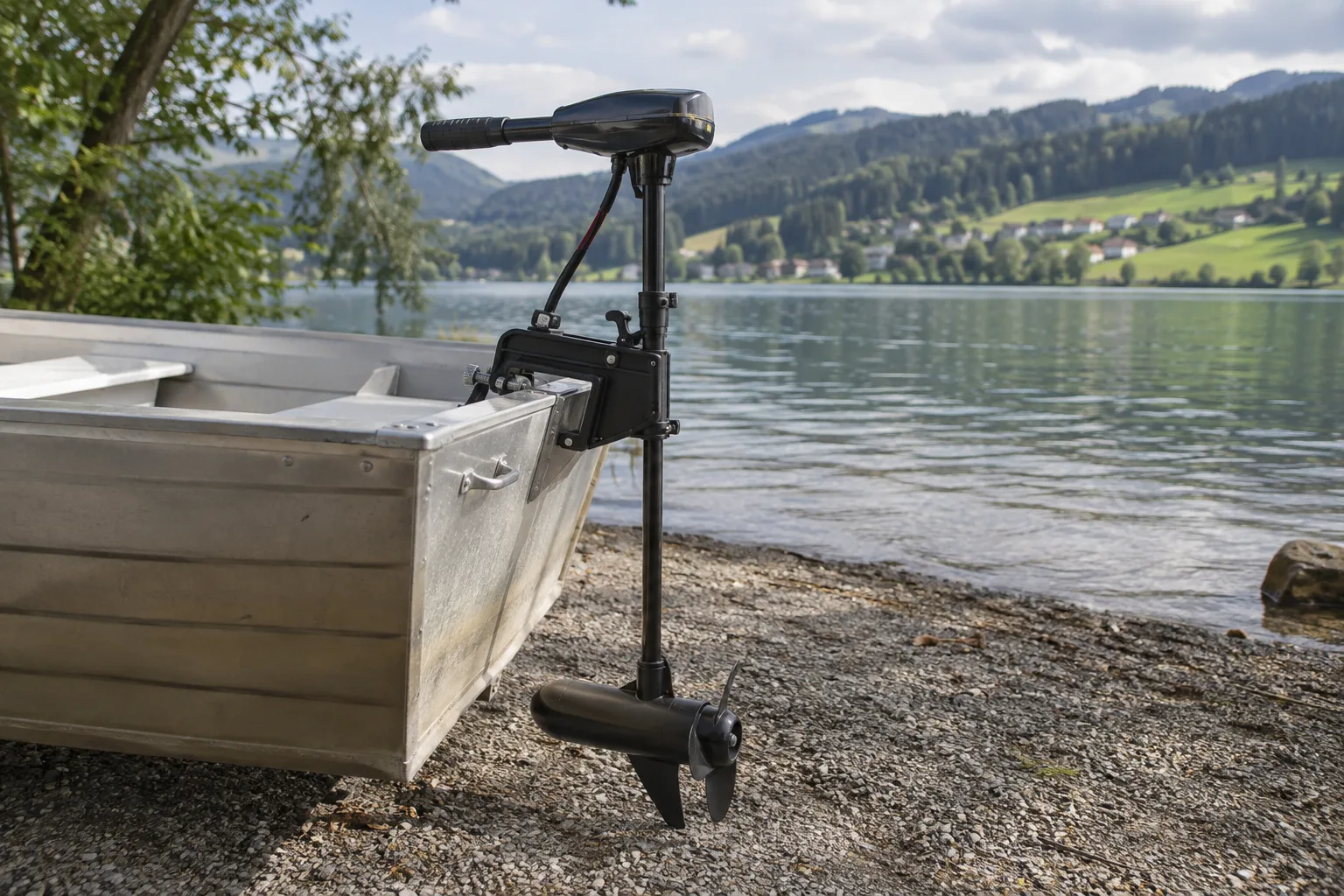 Elektrischer Schubmotor am Heckspiegel eines Alubootes: Klemmhalterung, Teleskopschaft mit Steuergriff und Propeller am unteren Ende.